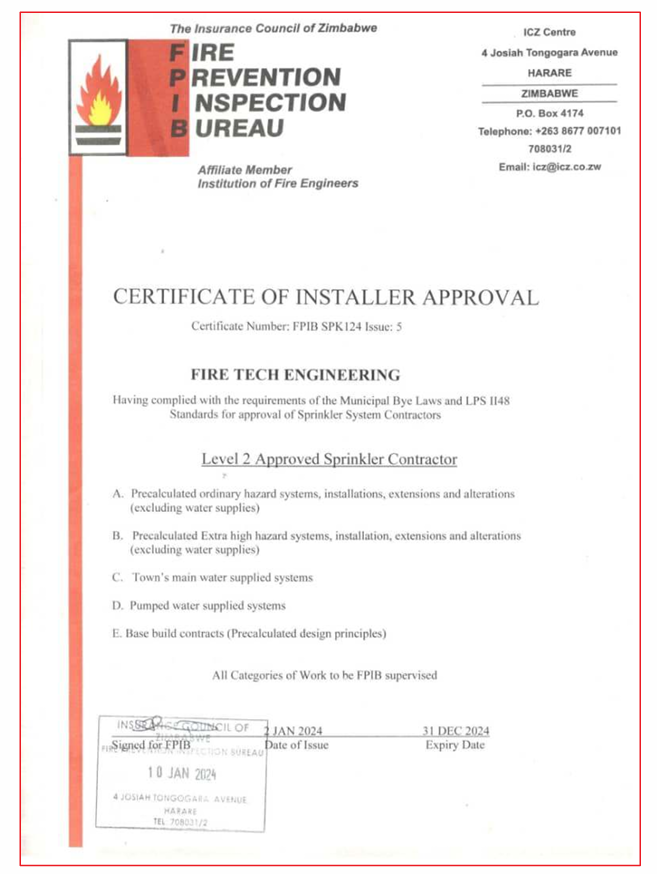 certificate approved sprinkler